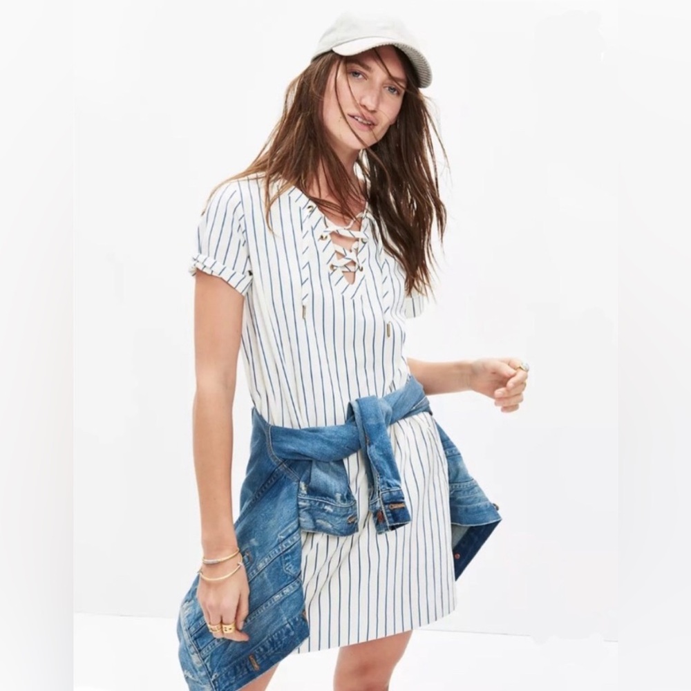 NEW MADEWELL  Harbor Lace-Up Stripe Shift Dress XXS Pockets Short Sleeve